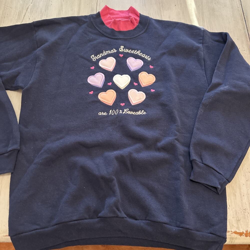 Vtg Navy Pink Hearts Grandma Sweethearts Mock Neck Sweatshirt Sz L Kitschy